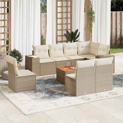 Set Divano da Giardino 9 pz con Cuscini Beige in Polyrattan