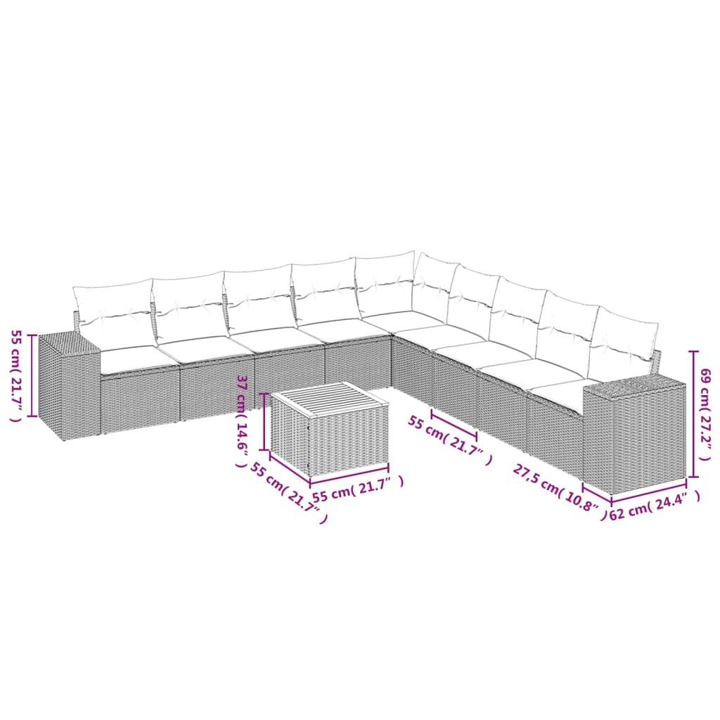 Set Divano da Giardino 10 pz con Cuscini Grigio in Polyrattan