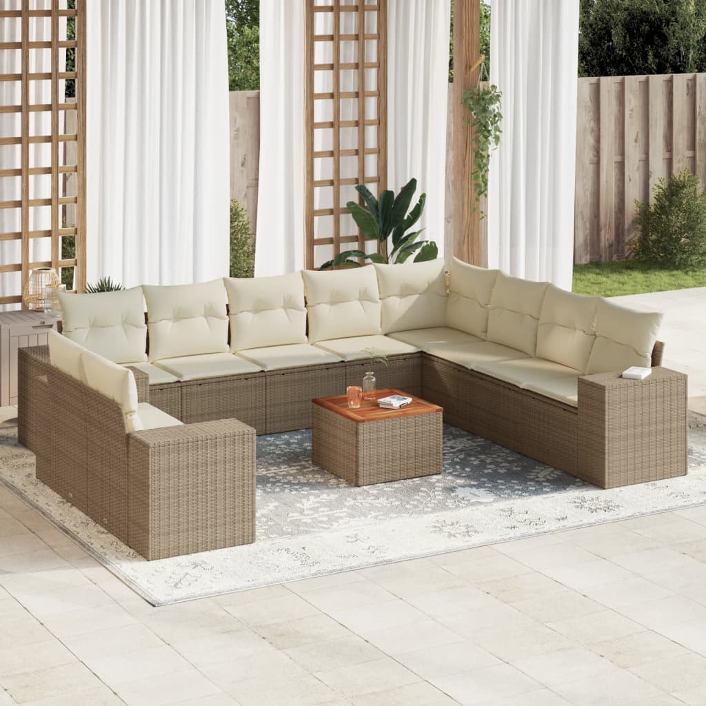 Set Divani da Giardino 11 pz con Cuscini Beige in Polyrattan