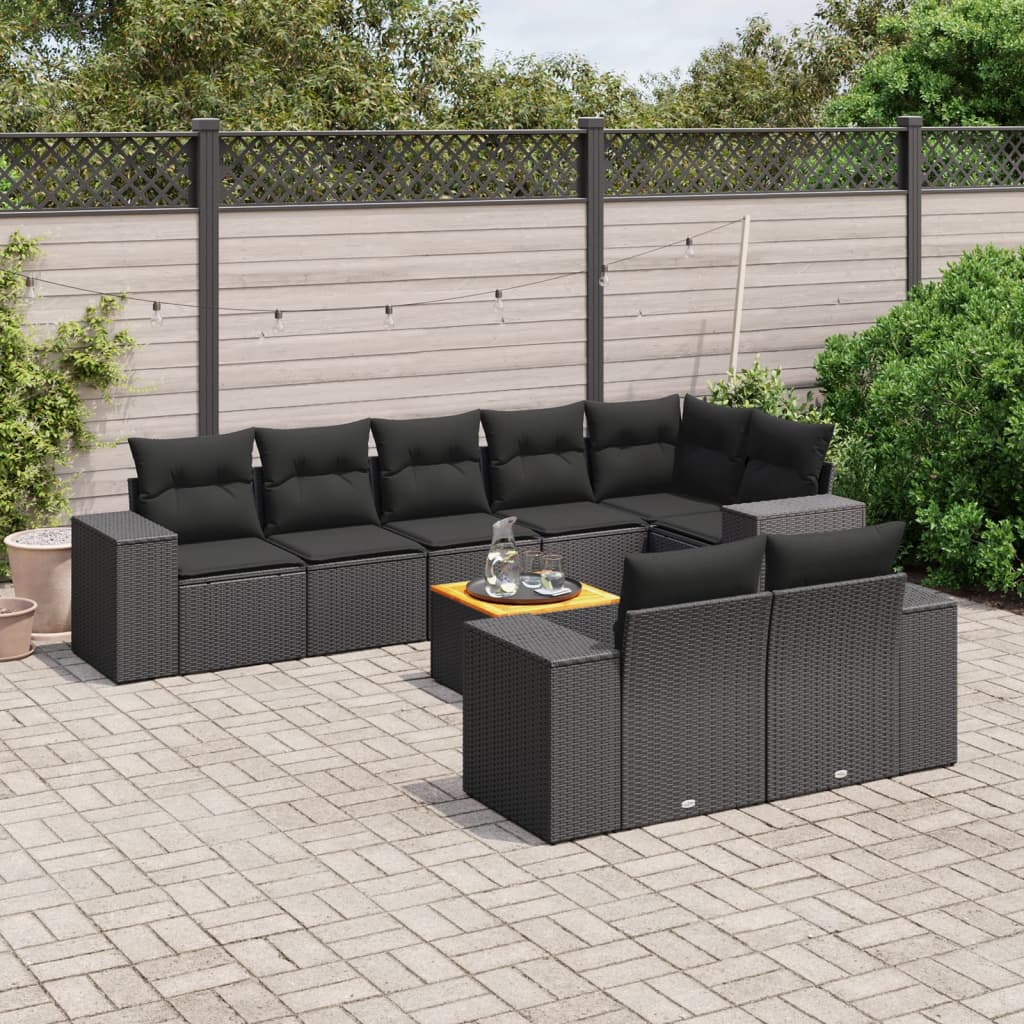 Set Divani da Giardino 9 pz con Cuscini Nero in Polyrattan | homemem39