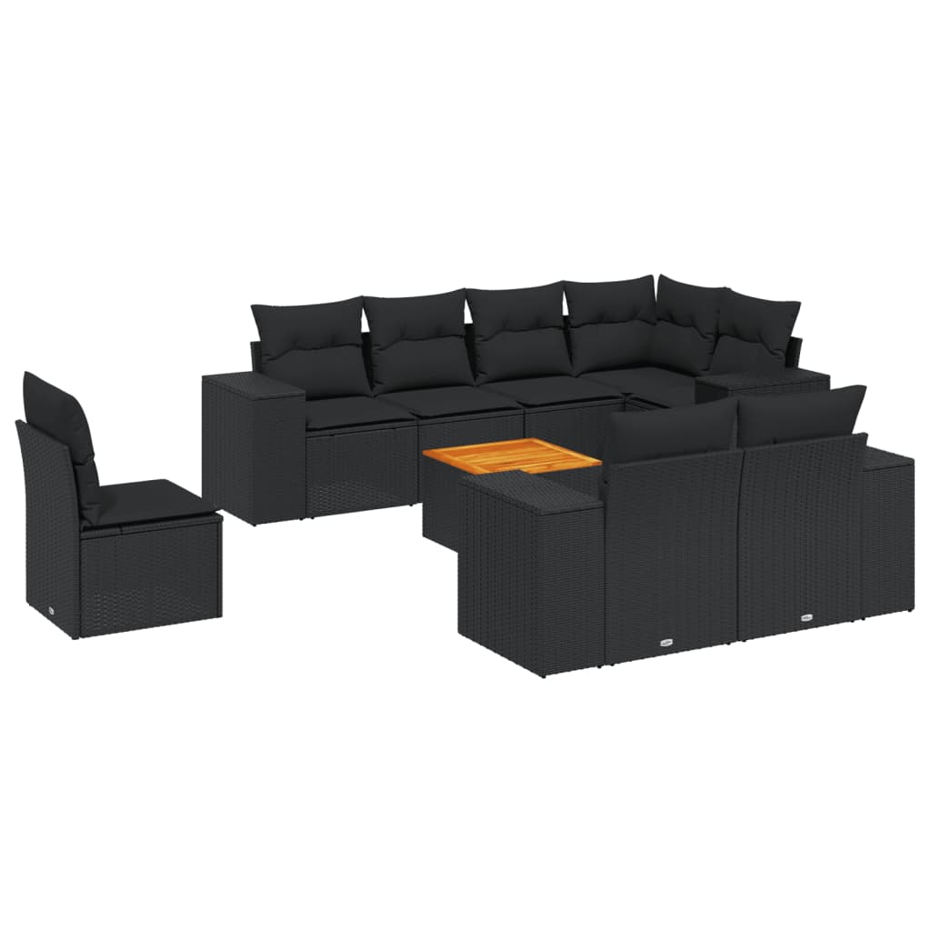 Set Divani da Giardino 9 pz con Cuscini Nero in Polyrattan