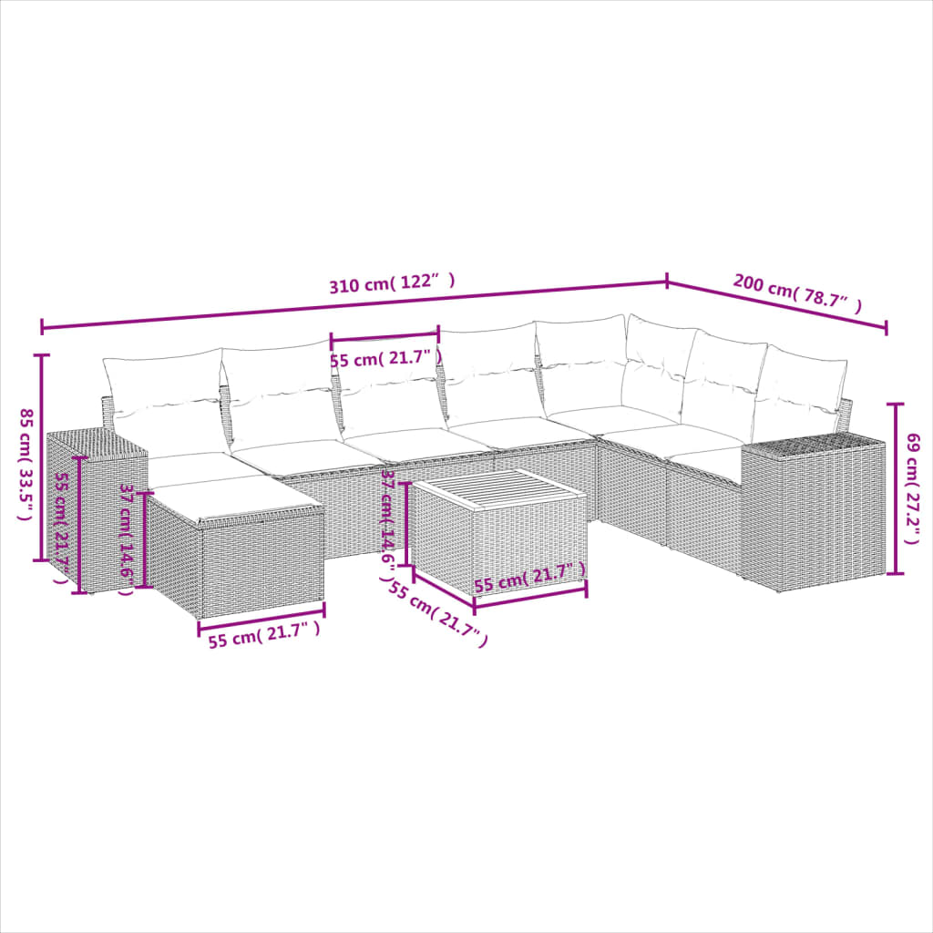 Set Divani da Giardino 9 pz con Cuscini Nero in Polyrattan | homemem39