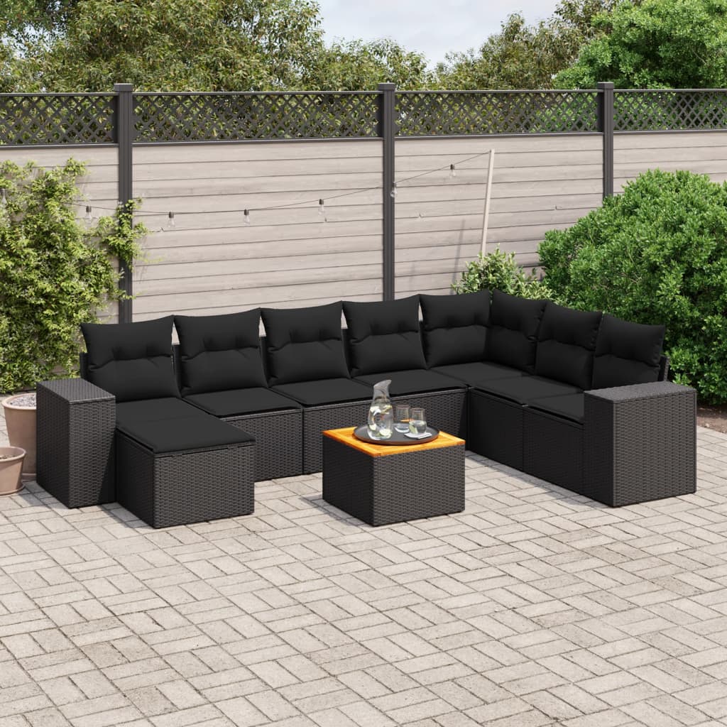 Set Divani da Giardino 9 pz con Cuscini Nero in Polyrattan | homemem39