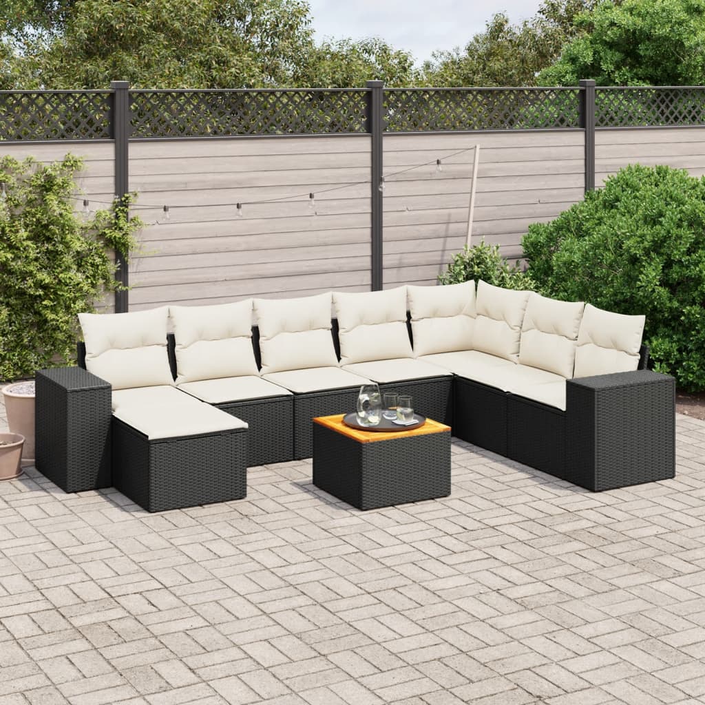 Set Divani da Giardino 9 pz con Cuscini Nero in Polyrattan