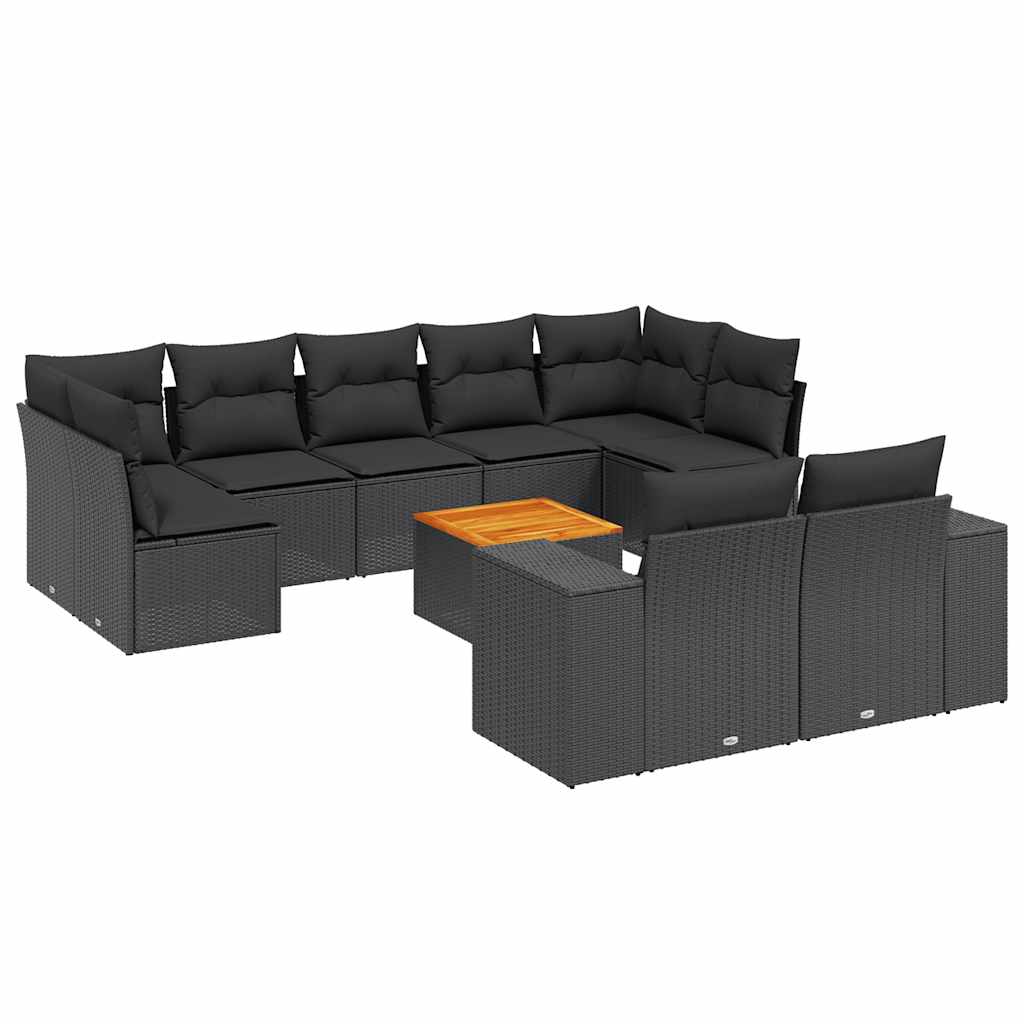 Set Divani da Giardino 10pz con Cuscini in Polyrattan Nero