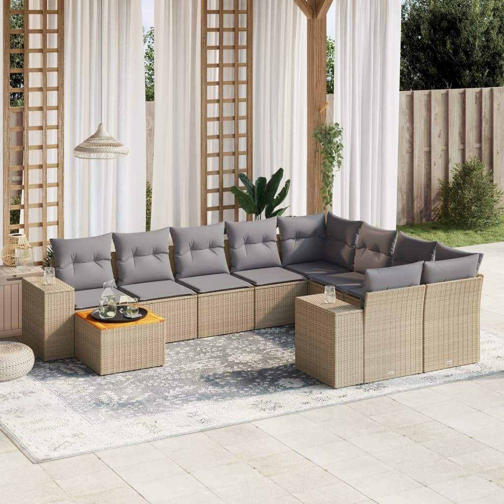 Set Divano da Giardino 10 pz con Cuscini Beige in Polyrattan - homemem39