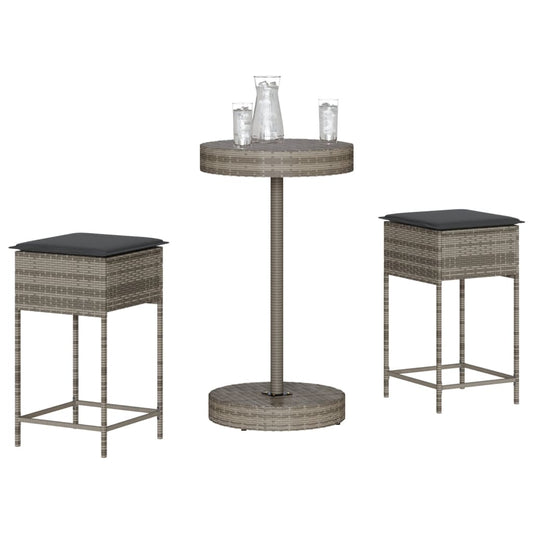 Set Bar da Giardino 3pz con Cuscini Grigio in Polyrattan