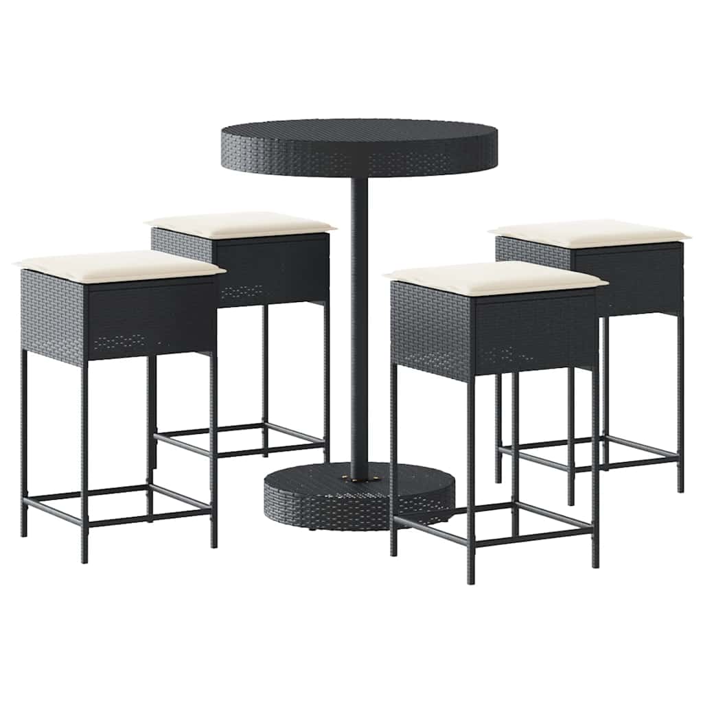 Set Bar da Giardino 5 pz con Cuscini in Polyrattan Nero | homemem39