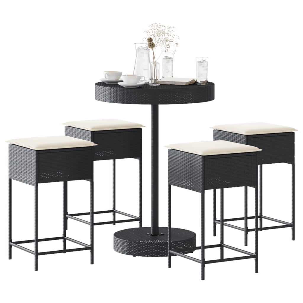 Set Bar da Giardino 5 pz con Cuscini in Polyrattan Nero | homemem39