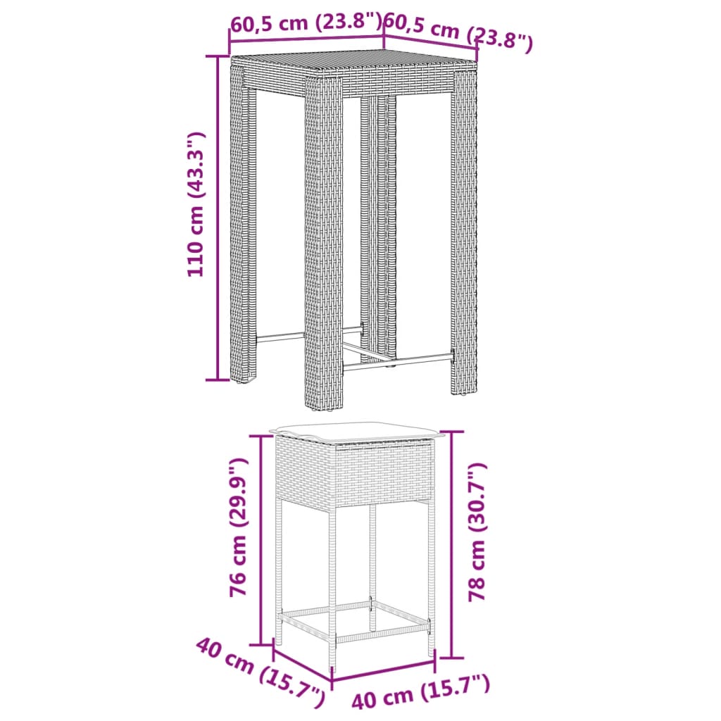 Set Bar da Giardino 3 pz con Cuscini in Polyrattan Marrone