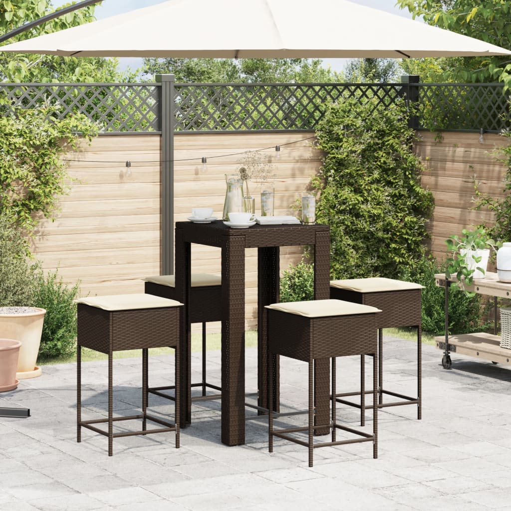 Set Bar da Giardino 5 pz con Cuscini in Polyrattan Marrone