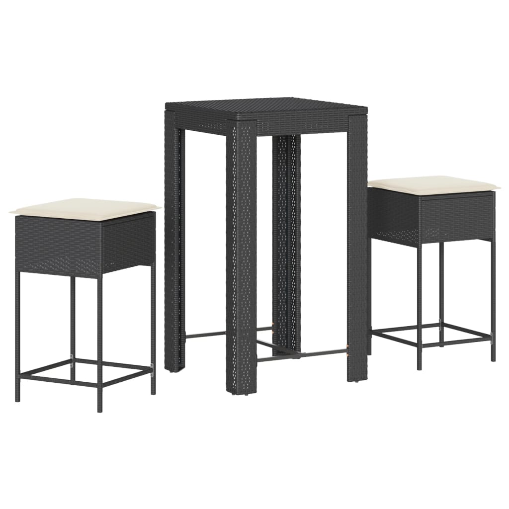 Set Bar da Giardino 3 pz con Cuscini in Polyrattan Nero