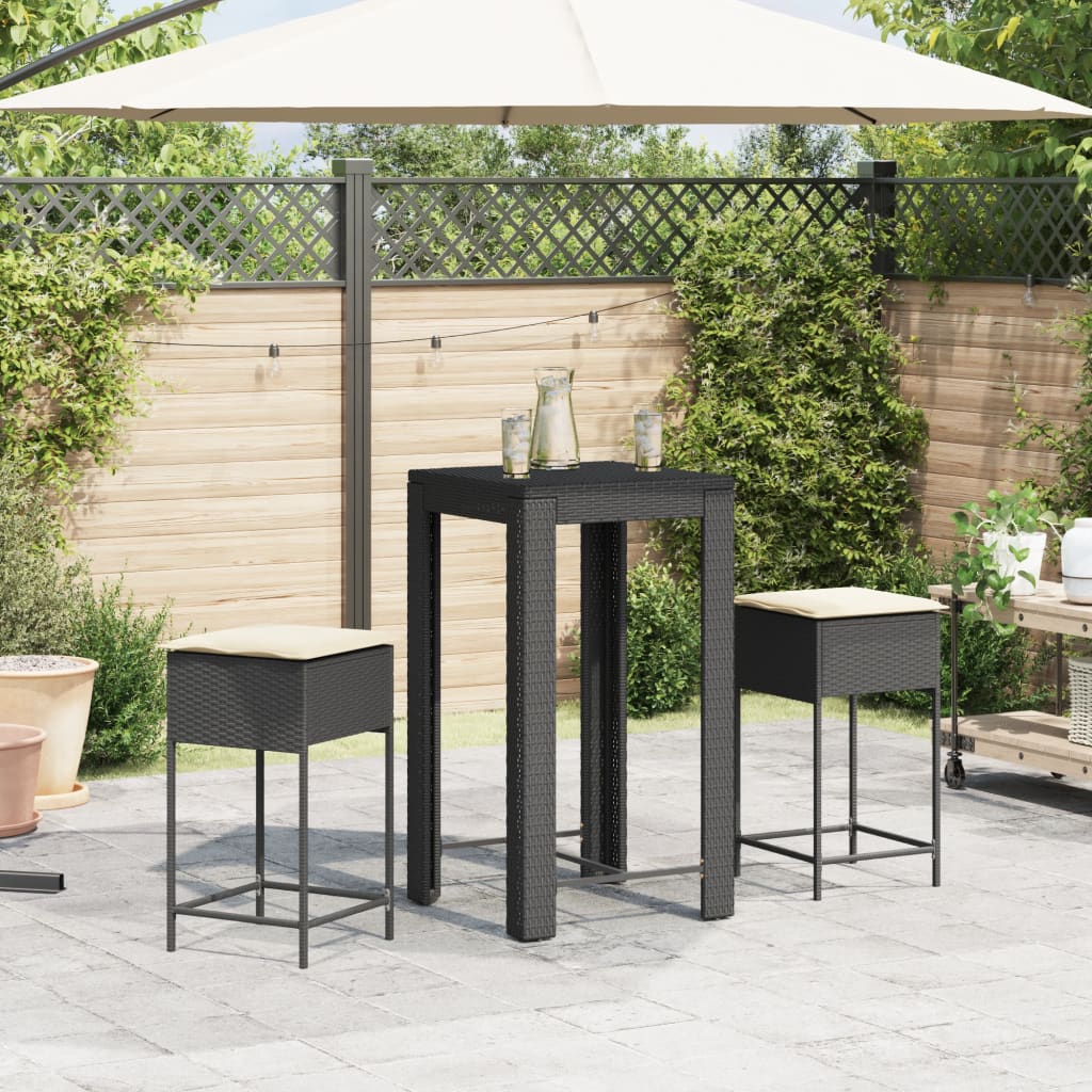 Set Bar da Giardino 3 pz con Cuscini in Polyrattan Nero