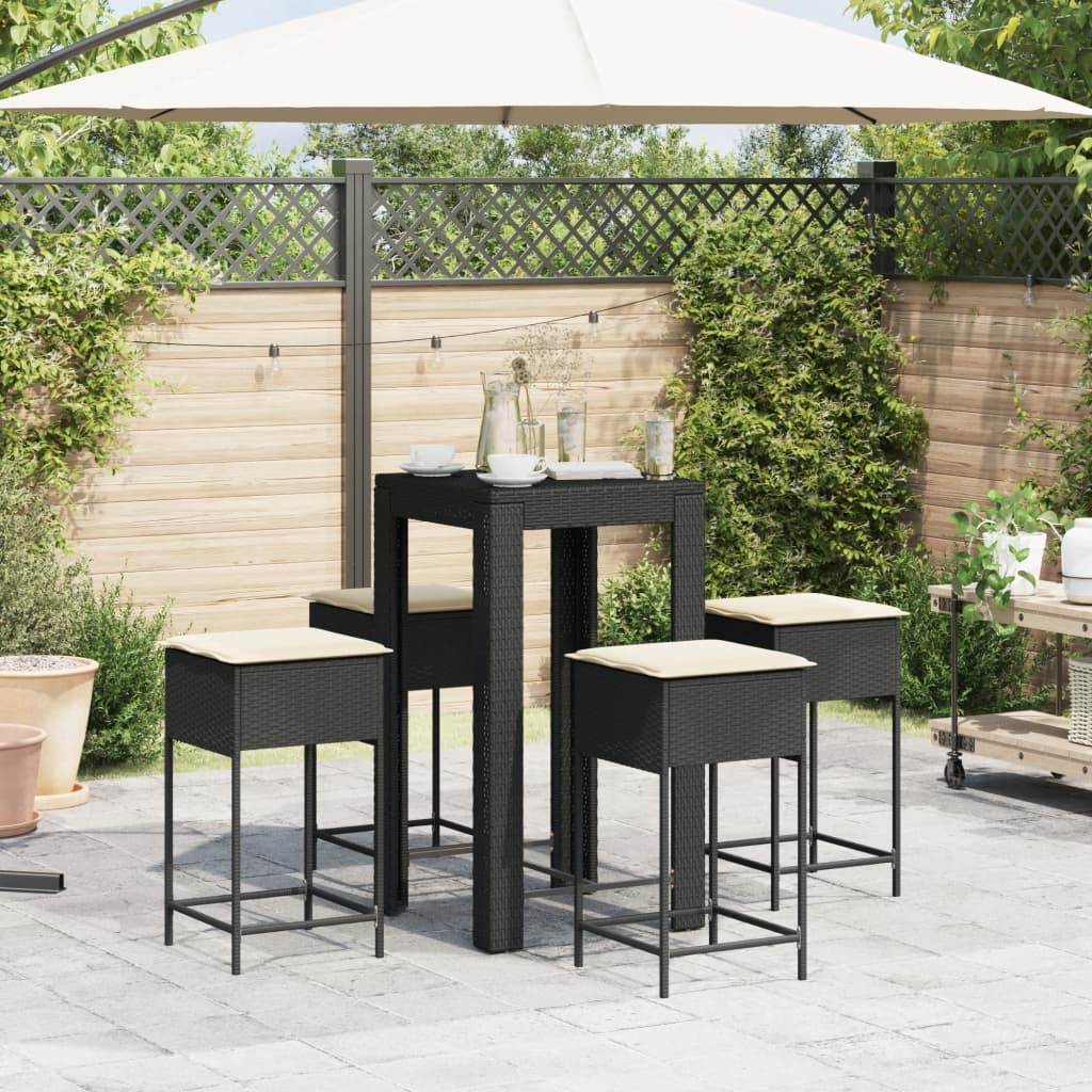Set Bar da Giardino 5 pz con Cuscini in Polyrattan Nero | homemem39