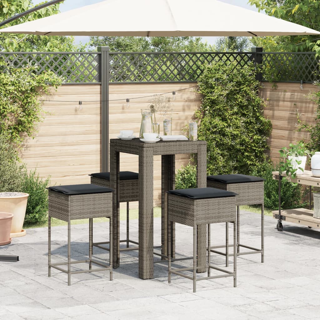 Set Bar da Giardino 5 pz con Cuscini in Polyrattan Grigio