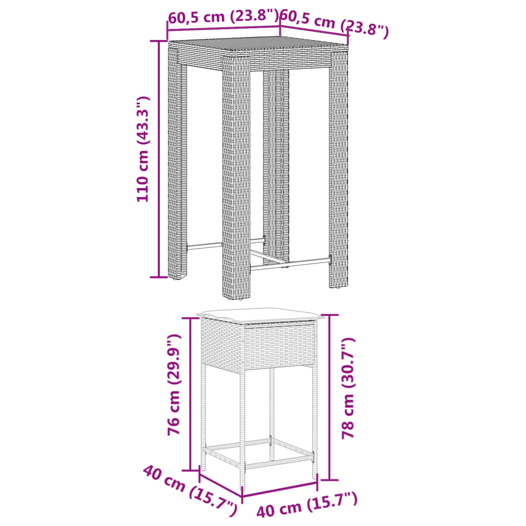 Set Bar da Giardino 5 pz con Cuscini in Polyrattan Grigio