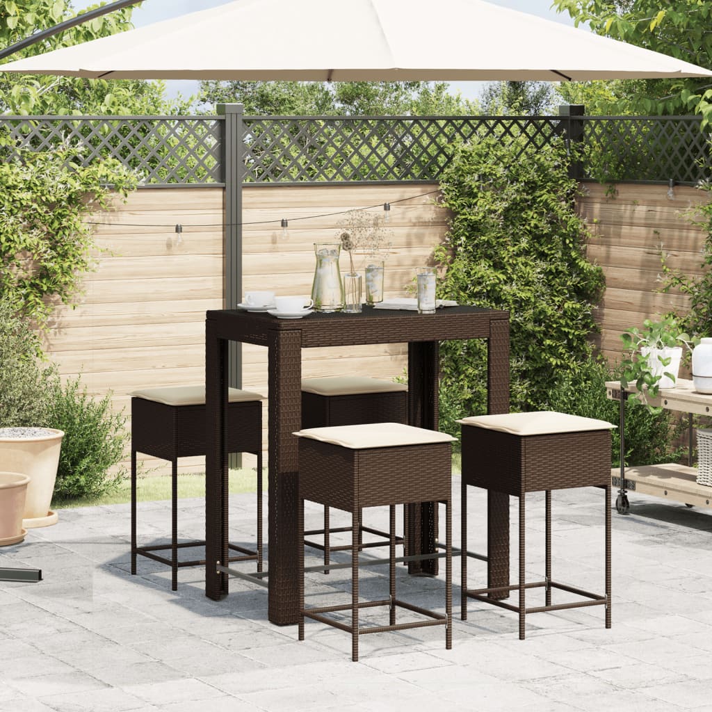 Set Bar da Giardino 5 pz con Cuscini in Polyrattan Marrone