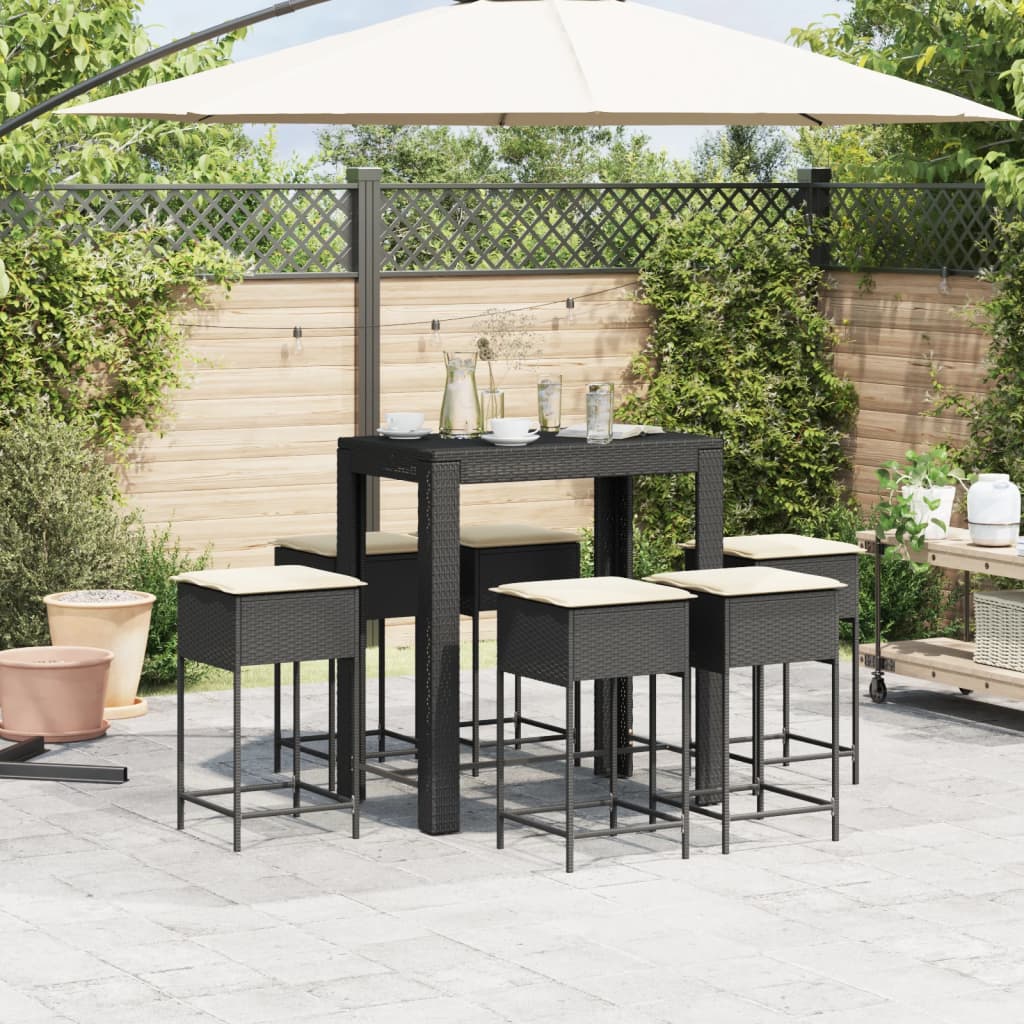 Set Bar da Giardino 7 pz con Cuscini in Polyrattan Nero