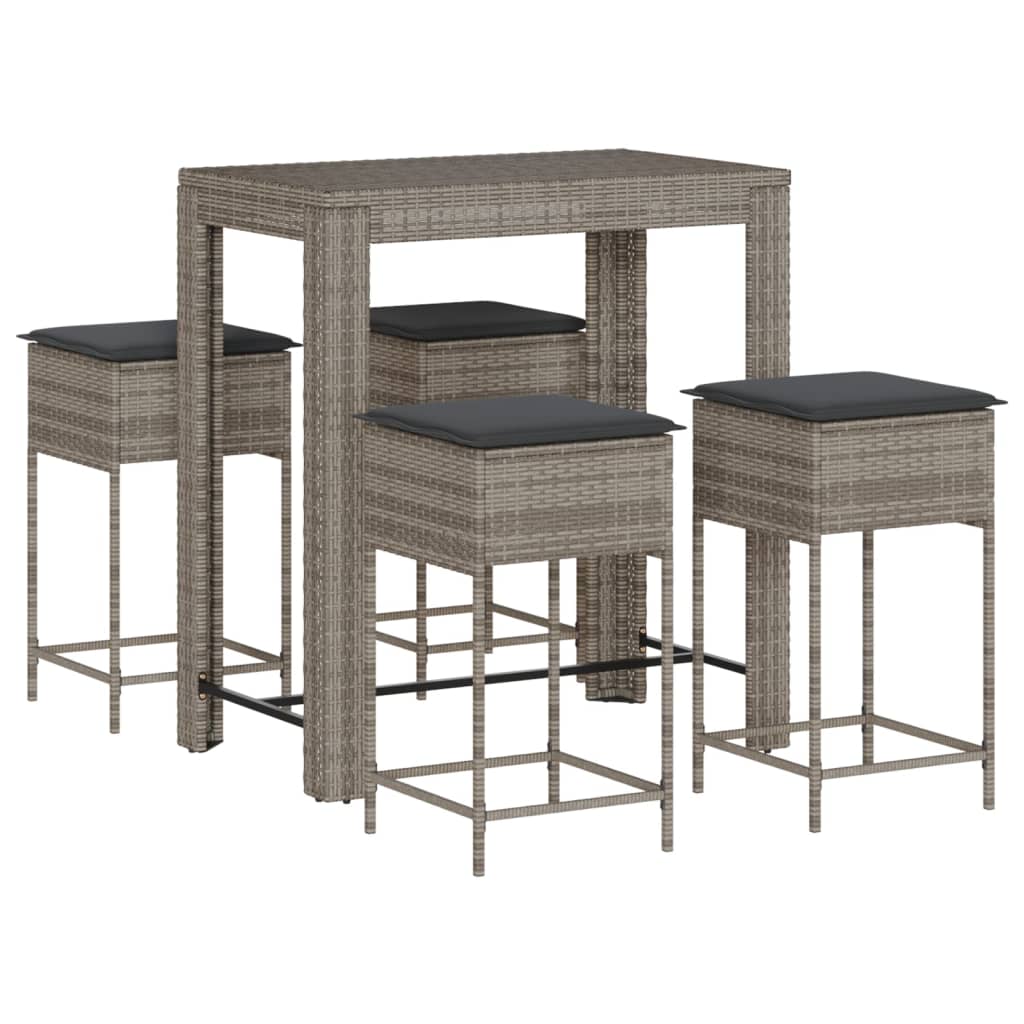 Set Bar da Giardino 5 pz con Cuscini in Polyrattan Grigio