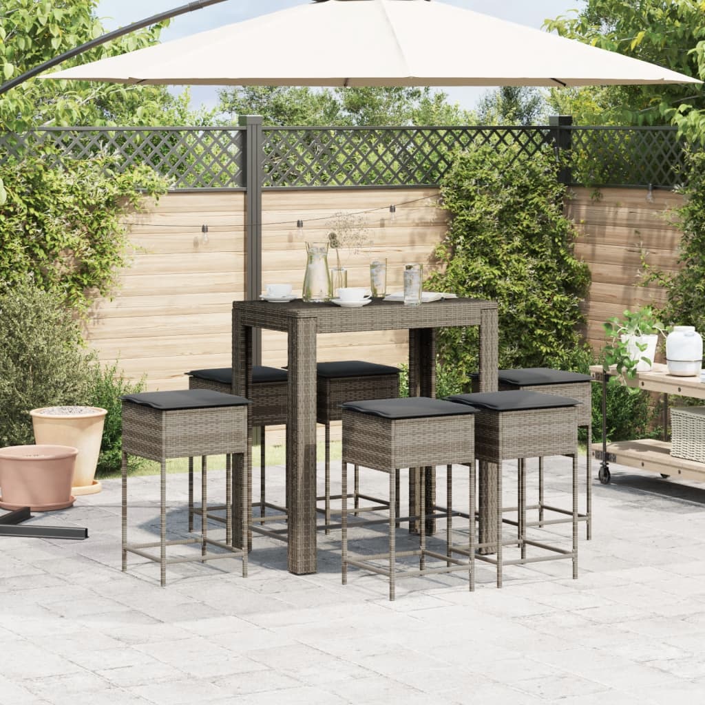 Set Bar da Giardino 7 pz con Cuscini in Polyrattan Grigio