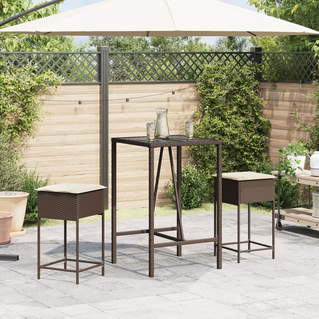 Set Bar da Giardino 3 pz con Cuscini in Polyrattan Marrone