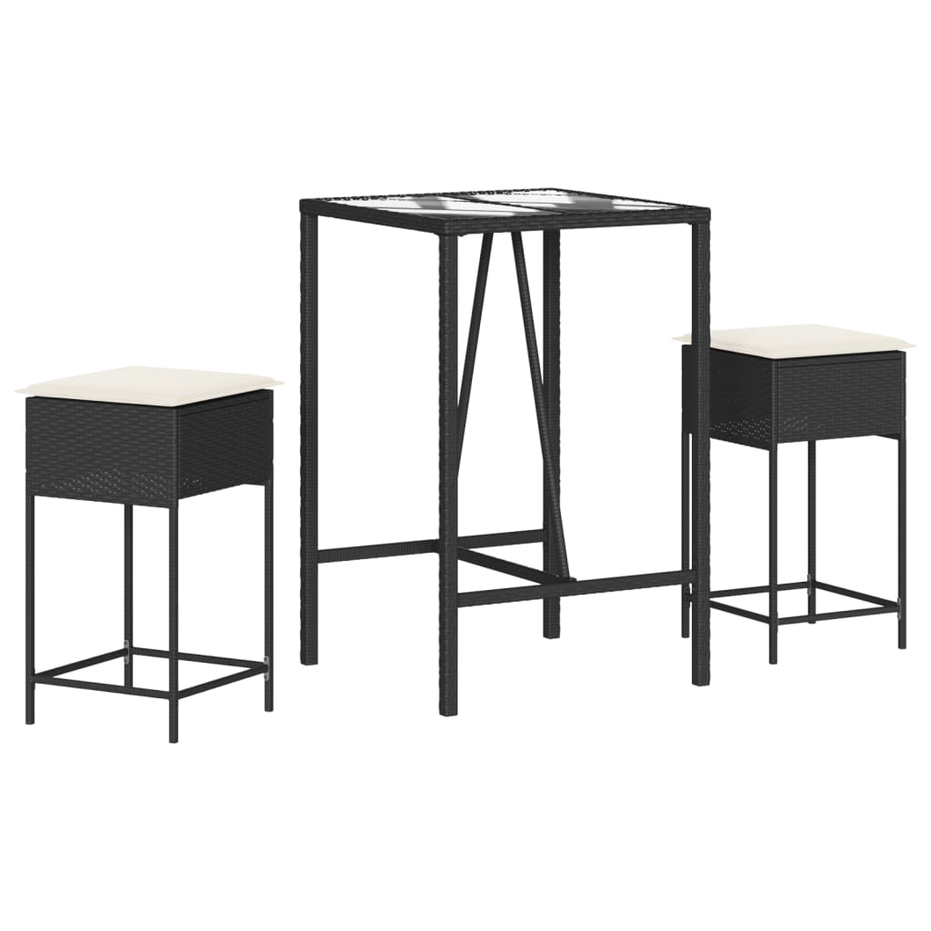 Set Bar da Giardino 3 pz con Cuscini in Polyrattan Nero