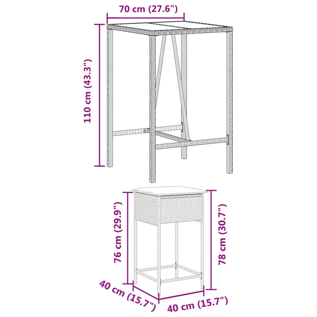 Set Bar da Giardino 3 pz con Cuscini in Polyrattan Nero