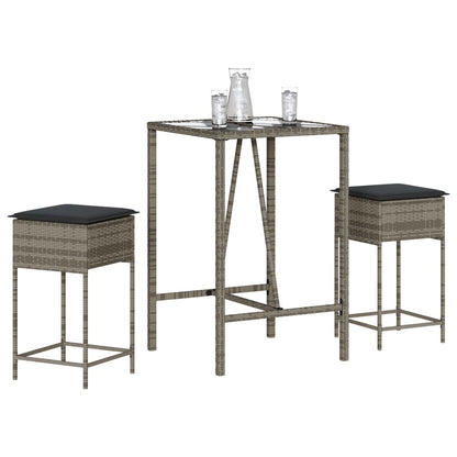 Set Bar da Giardino 3pz con Cuscini Grigio in Polyrattan