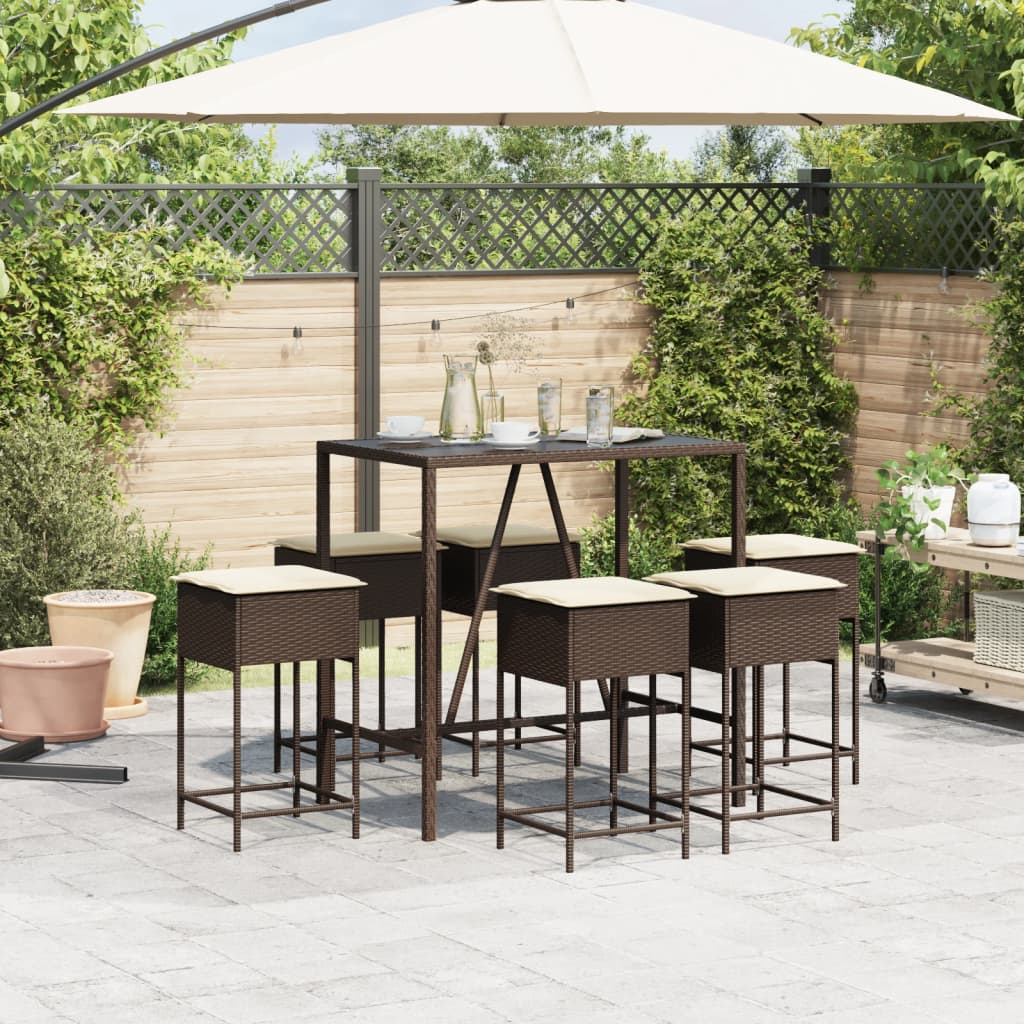 Set Bar da Giardino 7 pz con Cuscini in Polyrattan Marrone