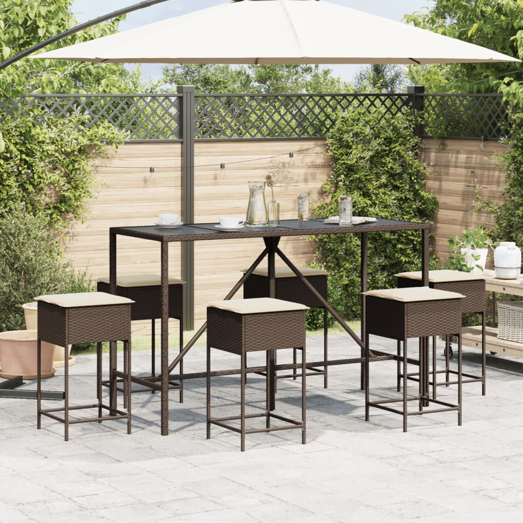 Set Bar da Giardino 7 pz con Cuscini in Polyrattan Marrone