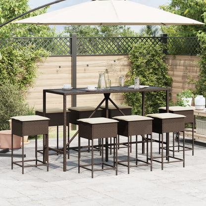 Set Bar da Giardino 9 pz con Cuscini in Polyrattan Marrone