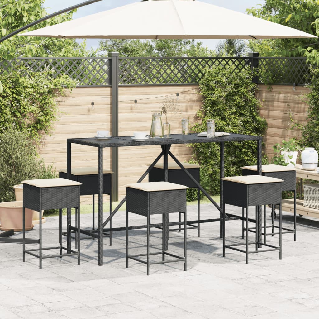 Set Bar da Giardino 7 pz con Cuscini in Polyrattan Nero