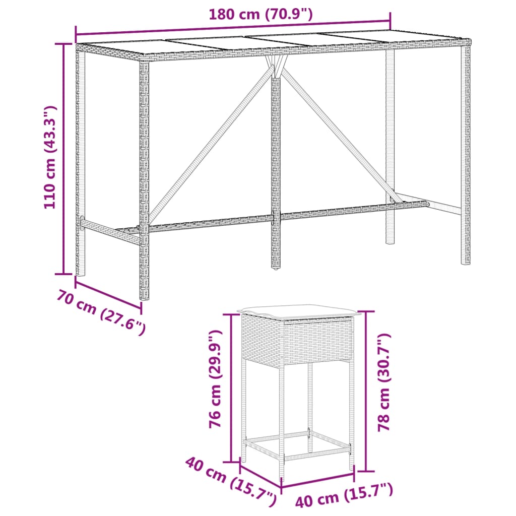 Set Bar da Giardino 7 pz con Cuscini in Polyrattan Nero