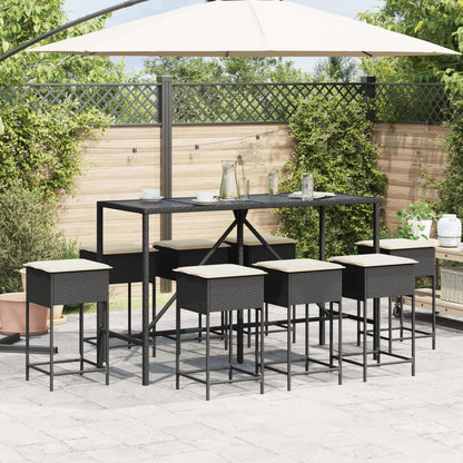 Set Bar da Giardino 9 pz con Cuscini in Polyrattan Nero