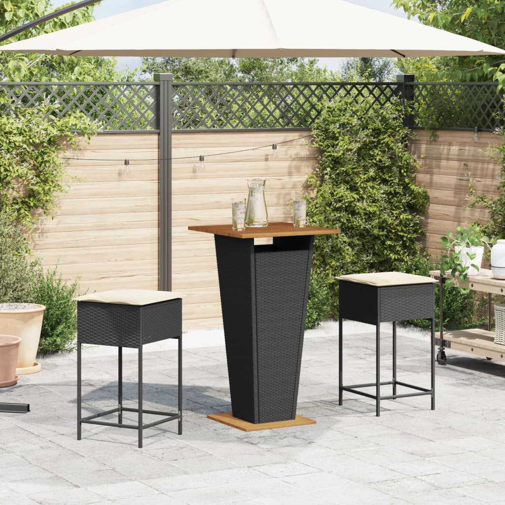 Set Bar da Giardino 3 pz con Cuscini in Polyrattan Nero