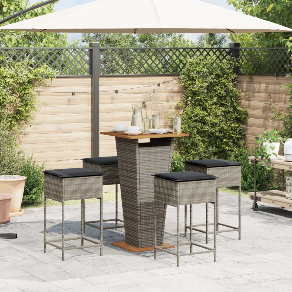 Set Bar da Giardino 5 pz con Cuscini in Polyrattan Grigio