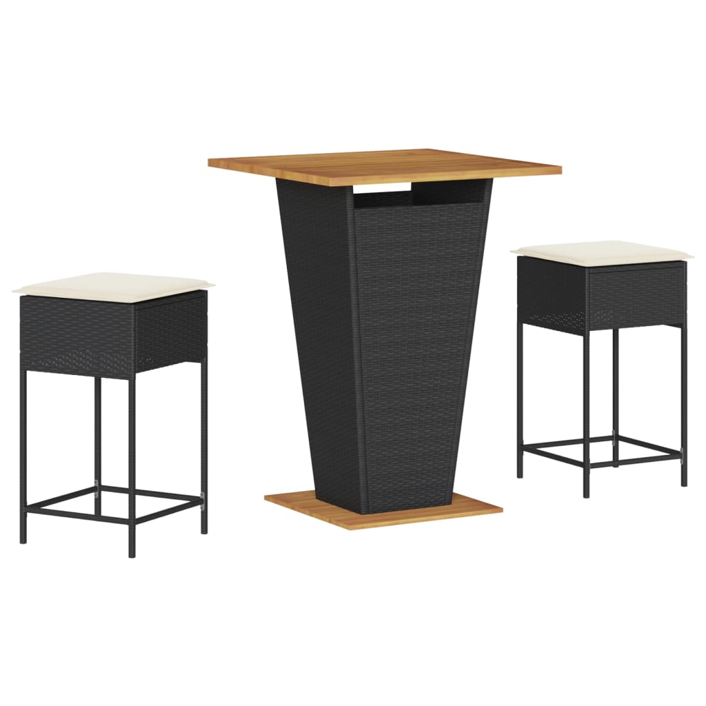 Set Bar da Giardino 3 pz con Cuscini in Polyrattan Nero - homemem39