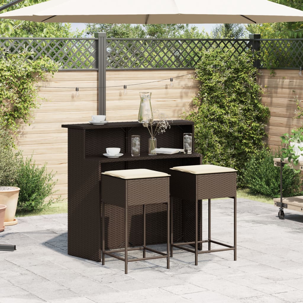 Set Bar da Giardino 3 pz con Cuscini in Polyrattan Marrone