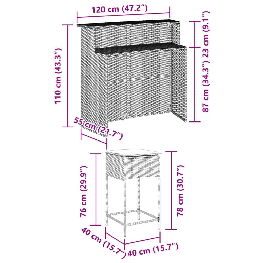 Set Bar da Giardino 3 pz con Cuscini in Polyrattan Marrone