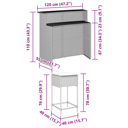 Set Bar da Giardino 3 pz con Cuscini in Polyrattan Marrone