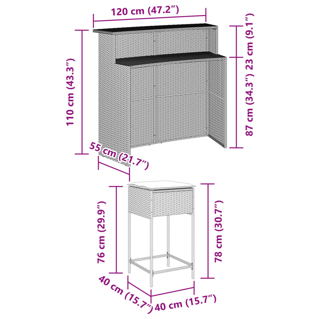 Set Bar da Giardino 5 pz con Cuscini in Polyrattan Grigio