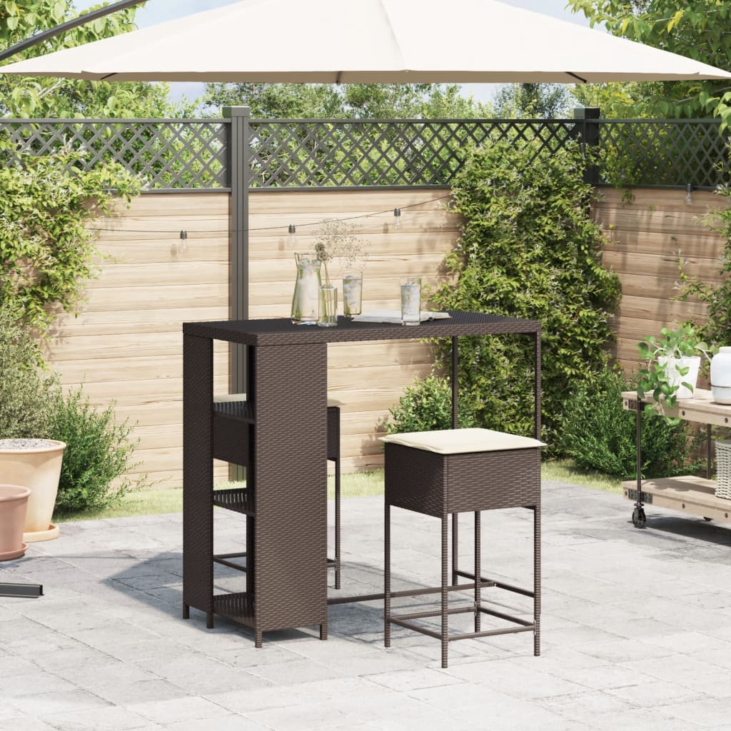 Set Bar da Giardino 3 pz con Cuscini in Polyrattan Marrone