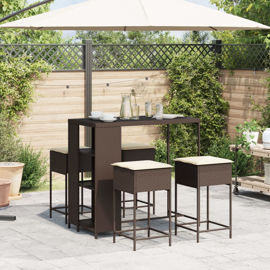 Set Bar da Giardino 5 pz con Cuscini in Polyrattan Marrone