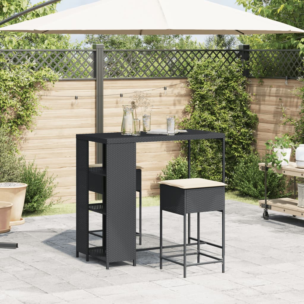 Set Bar da Giardino 3 pz con Cuscini in Polyrattan Nero