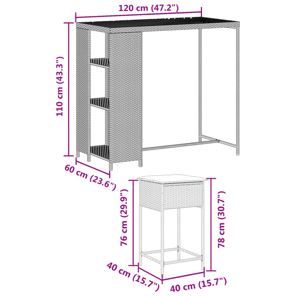 Set Bar da Giardino 3 pz con Cuscini in Polyrattan Nero