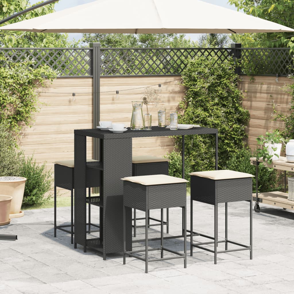 Set Bar da Giardino 5 pz con Cuscini in Polyrattan Nero