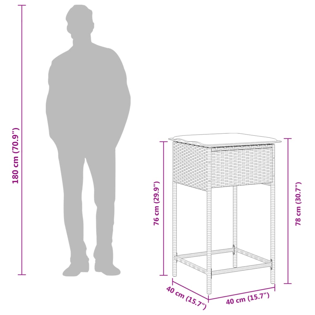 Set Bar da Giardino 3pz con Cuscini Grigio in Polyrattan