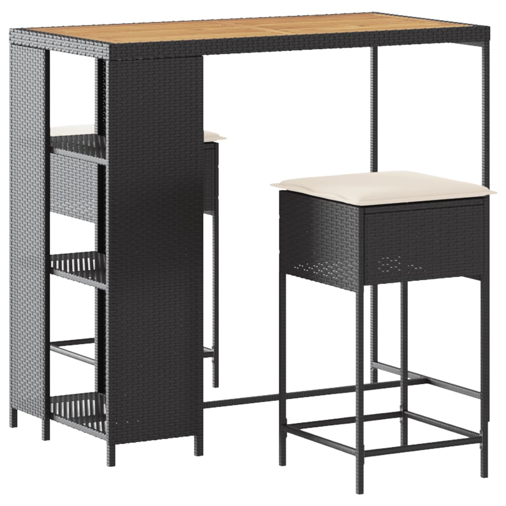 Set Bar da Giardino 3 pz con Cuscini in Polyrattan Nero - homemem39