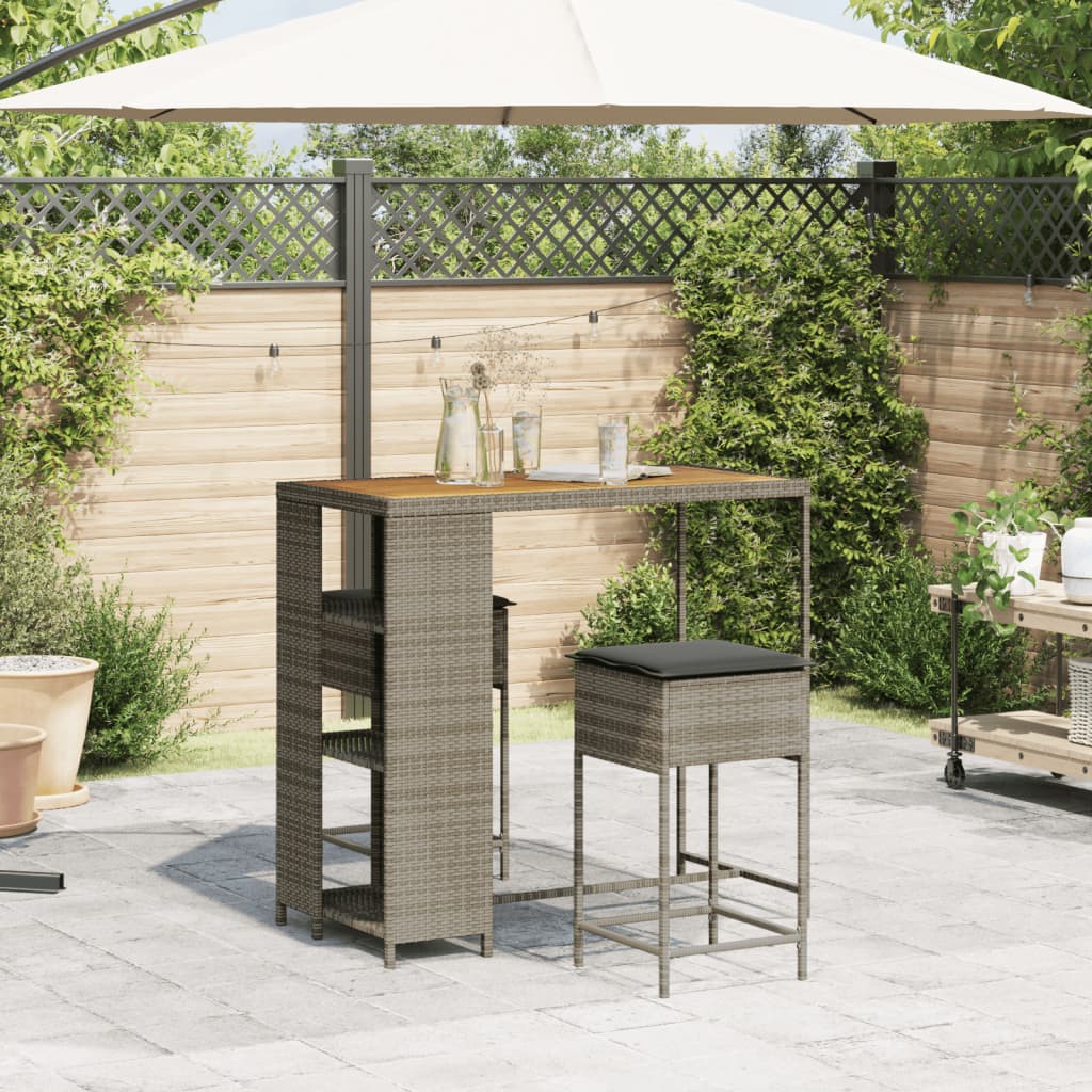 Set Bar da Giardino 3pz con Cuscini Grigio in Polyrattan