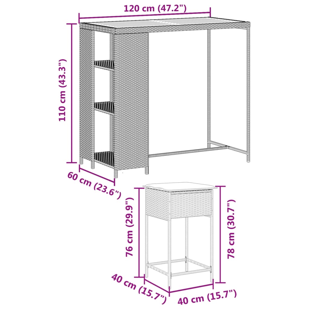 Set Bar da Giardino 3pz con Cuscini Grigio in Polyrattan